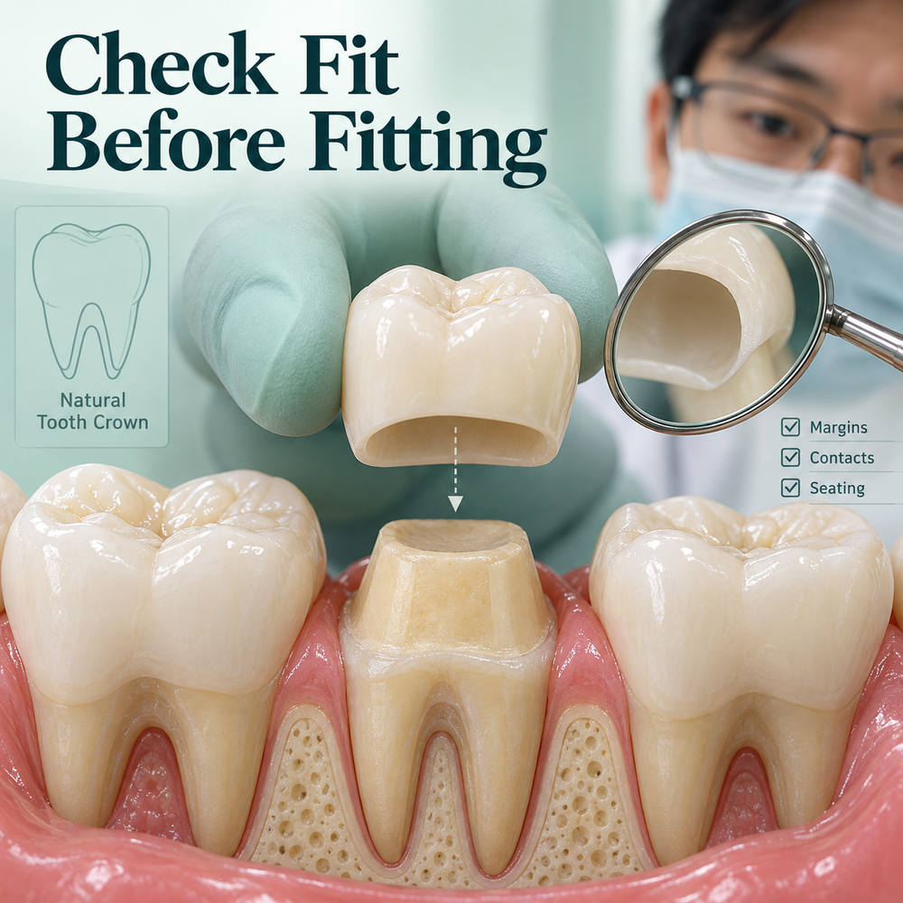 The crown is tried over the prepared natural tooth before fitting. Educational illustration.