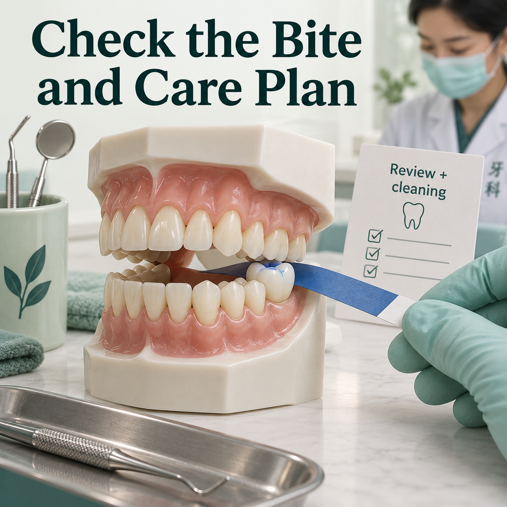 Bite adjustment and cleaning guidance are discussed after fitting. Educational illustration.