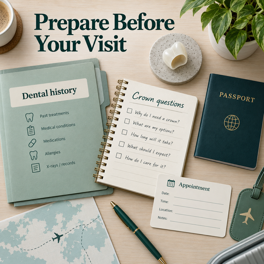 Tooth history and assessment questions are prepared before the visit. Educational illustration.