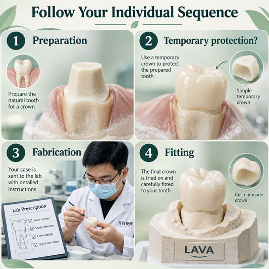 Preparation, temporary protection, laboratory work and fitting follow the individual plan. Educational illustration.