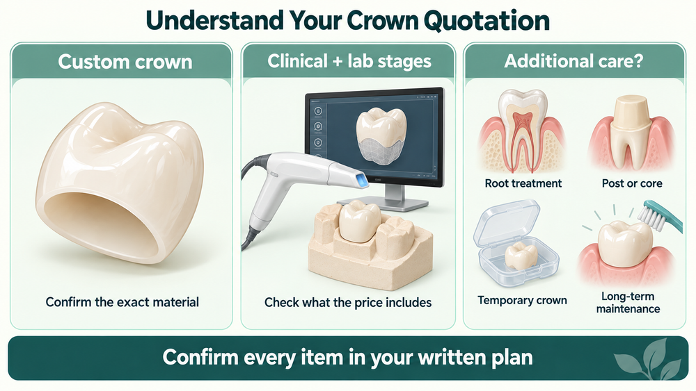 The quotation separates the crown from clinical stages and additional care. Educational illustration.