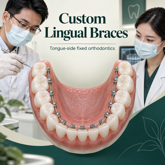 Lingual braces are attached to the inner surfaces of teeth. Educational illustration.