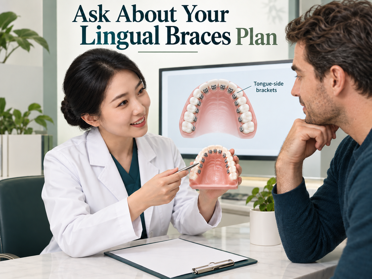 A Chinese orthodontist discusses a lingual treatment plan. Educational illustration.