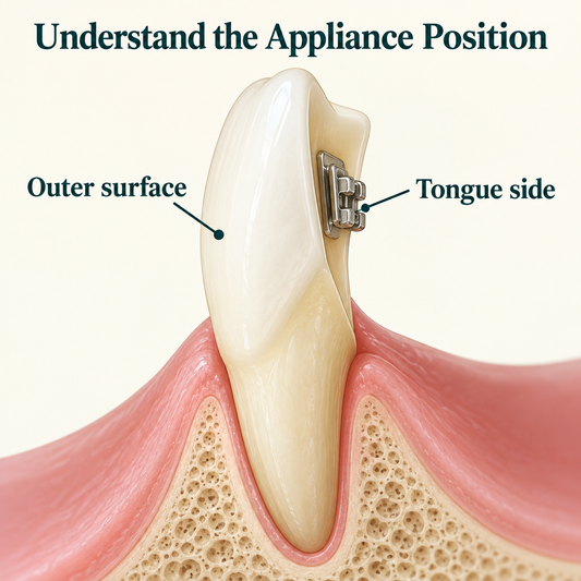 Brackets sit on the tongue side rather than the outward-facing tooth surface. Educational illustration.