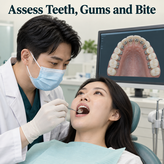 A Chinese orthodontist examines teeth and bite. Educational illustration.
