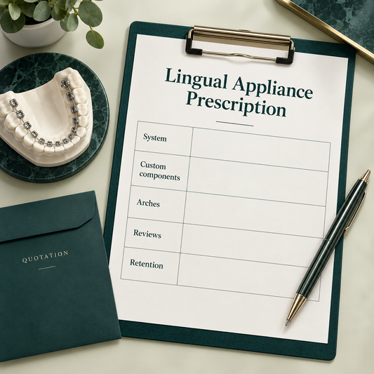 The written prescription identifies appliance system, arches and scope. Educational illustration.