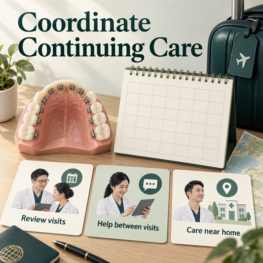Repeated review visits and local care are coordinated. Educational illustration.
