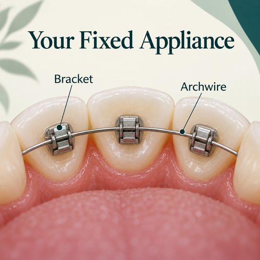 A bracket and archwire form the fixed appliance. Educational illustration.