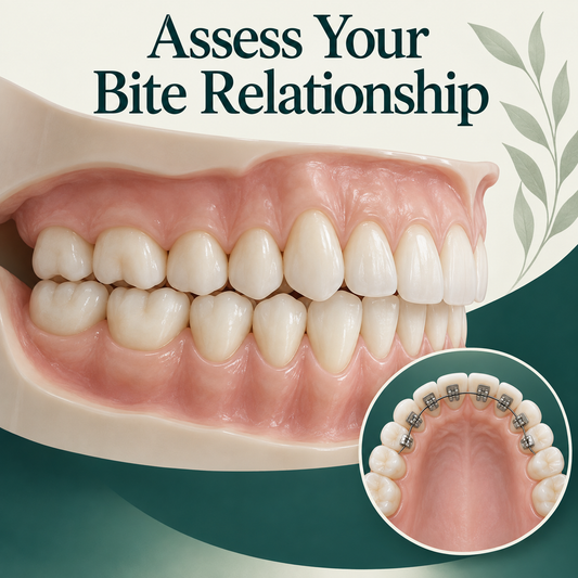 The clinician evaluates teeth and bite relationship. Educational illustration.