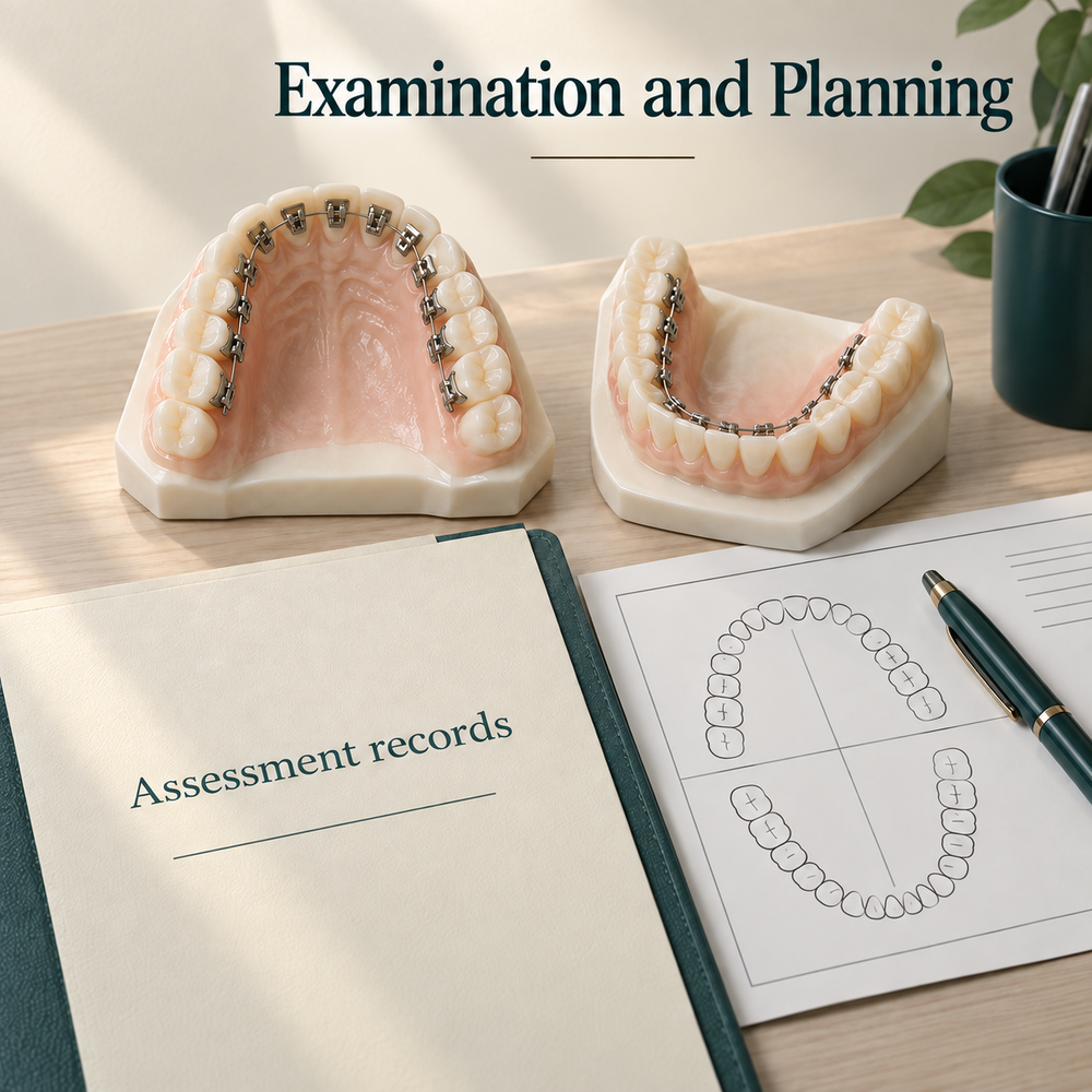Records and diagnosis support the individual treatment plan. Educational illustration.