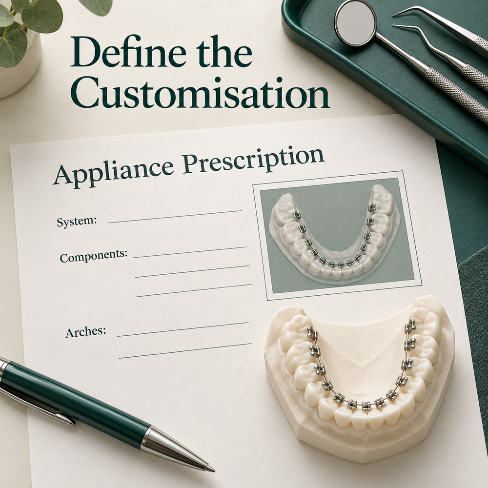 The appliance prescription specifies custom components and arch coverage. Educational illustration.