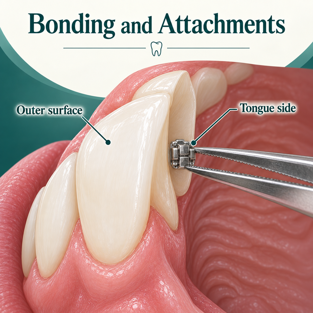 A fixed bracket is bonded on a tongue-side tooth surface. Educational illustration.