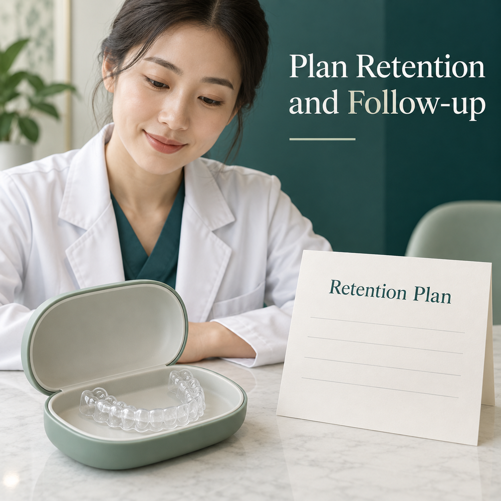 A retainer and follow-up plan are considered after active treatment. Educational illustration.