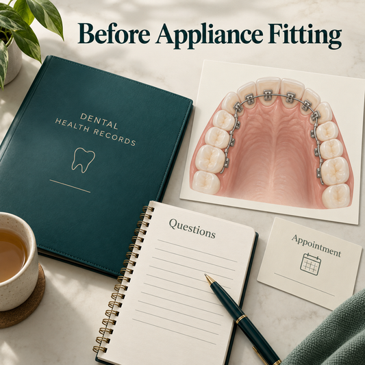 Preparation before fitting includes records and written scope. Educational illustration.