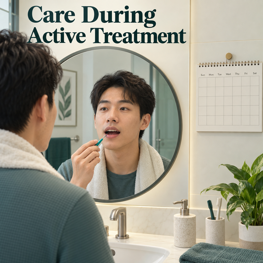 Daily cleaning and scheduled reviews accompany fixed treatment. Educational illustration.