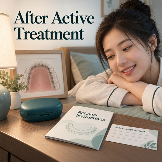 Retention instructions and continuing care are retained after active treatment. Educational illustration.