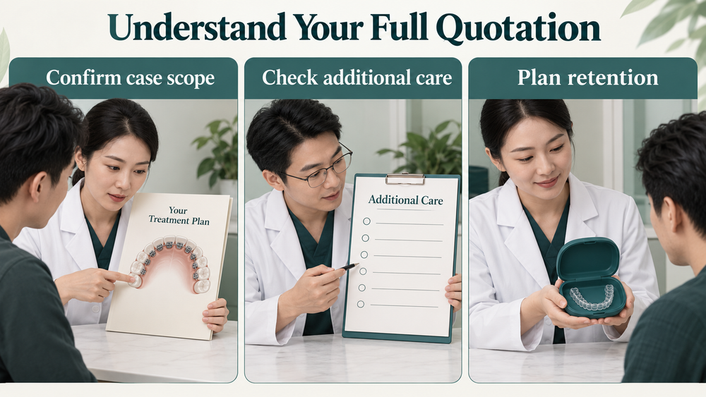 The case quotation distinguishes scope from extra charges. Educational illustration.