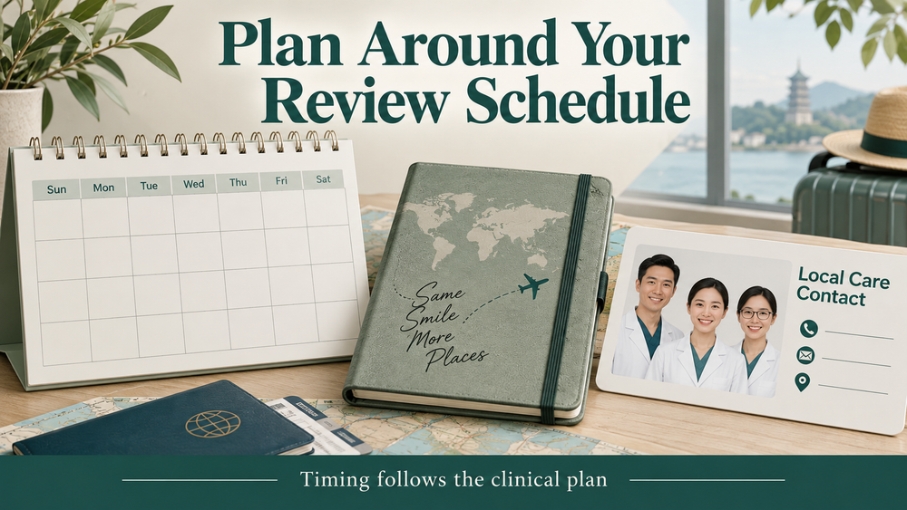 Reviews and travel planning follow the clinical schedule. Educational illustration.