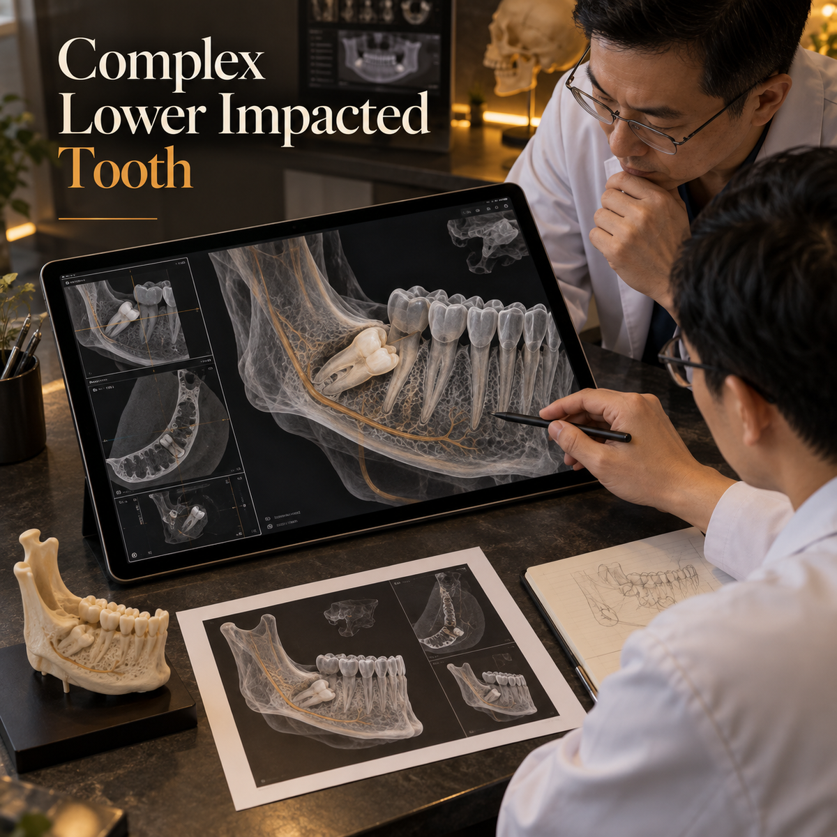 Complex Lower Impacted Tooth. Educational illustration.