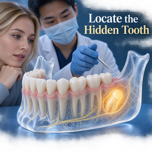 Locate the Hidden Tooth. Educational illustration.