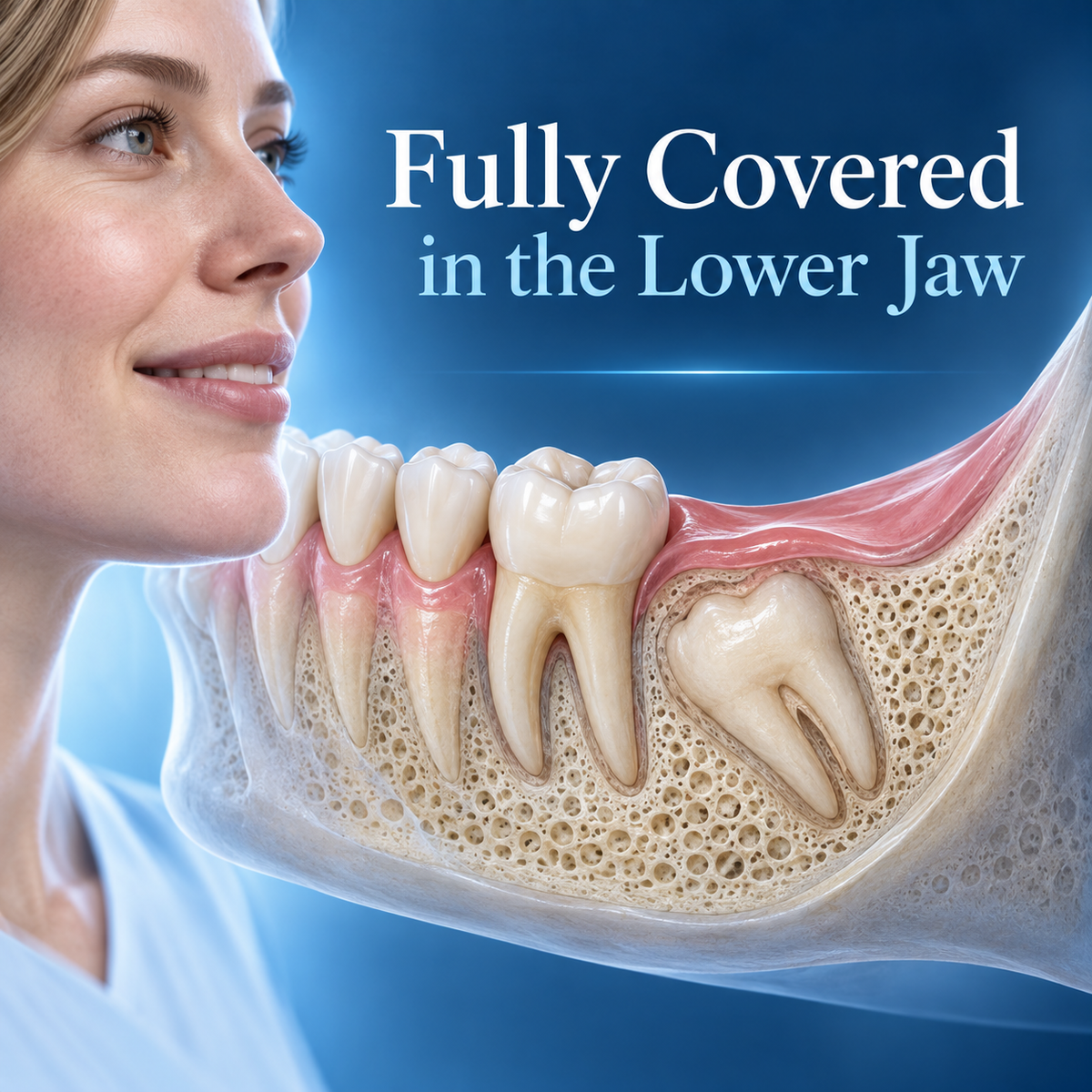 Fully Covered in the Lower Jaw. Educational illustration.