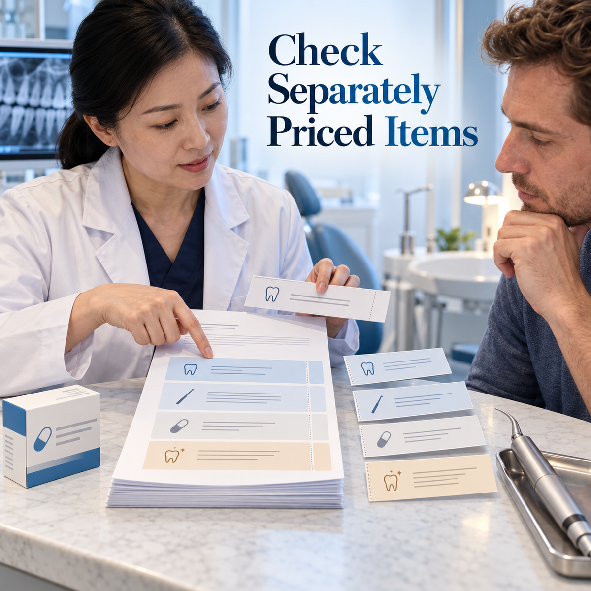 Check Separately Priced Items. Educational illustration.