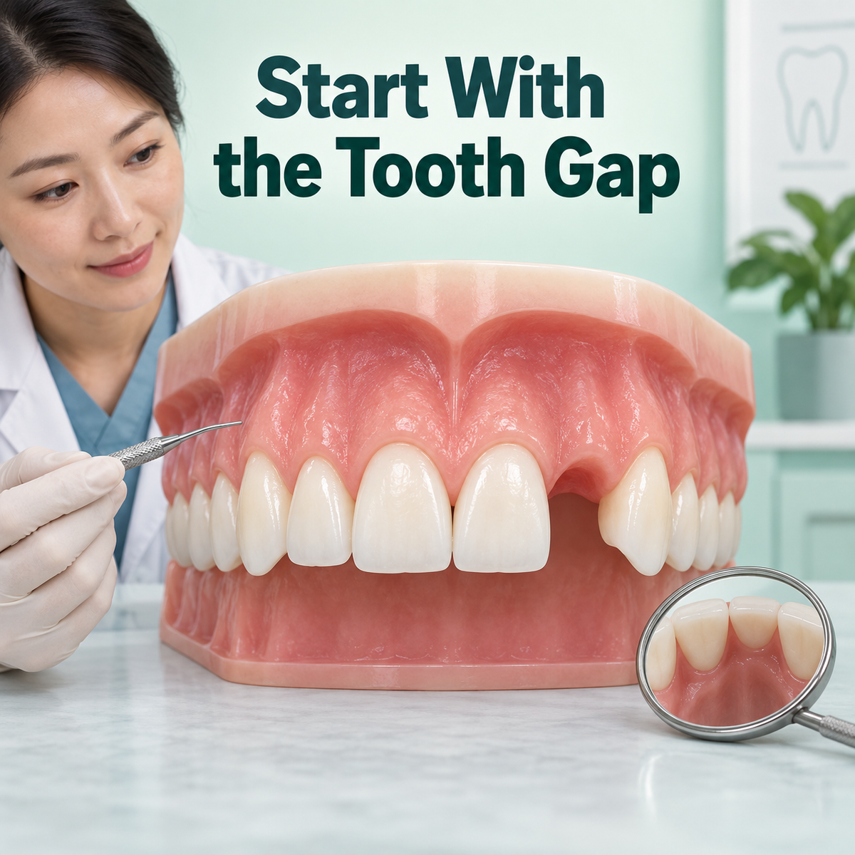 A local front-tooth gap and neighbouring teeth require assessment. Educational illustration.