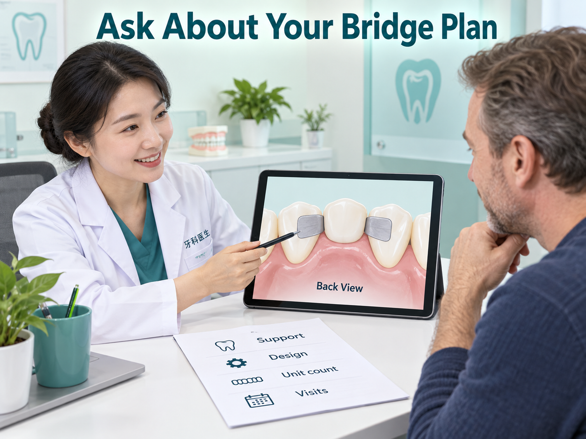 A Chinese dentist explains a bonded bridge and its quotation. Educational illustration.
