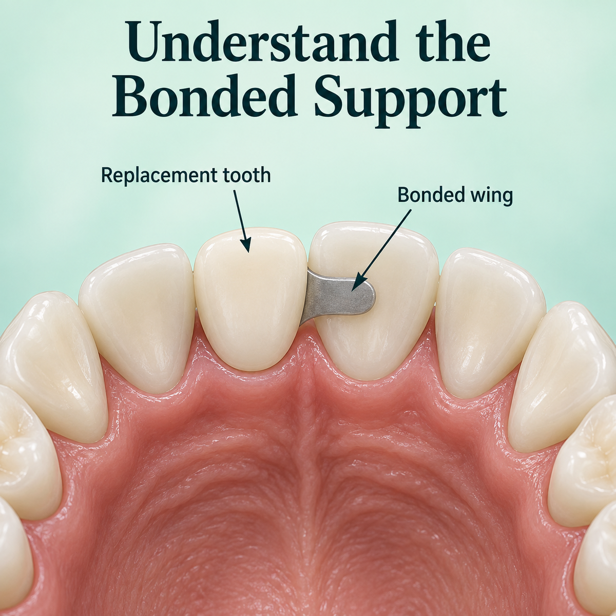 A wing bonds to the back of a supporting tooth. Educational illustration.