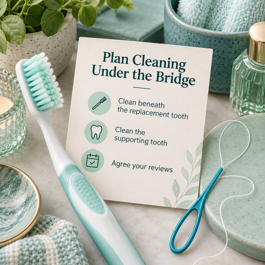 Cleaning beneath the replacement tooth is part of bridge care. Educational illustration.
