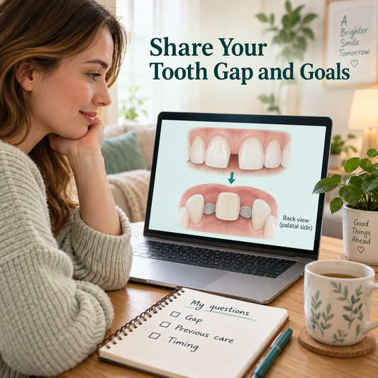 A patient prepares questions about a missing tooth. Educational illustration.