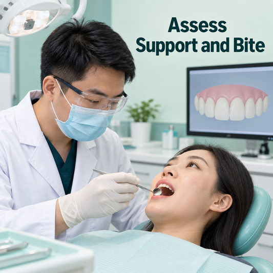 A Chinese dentist assesses the supporting tooth and bite. Educational illustration.
