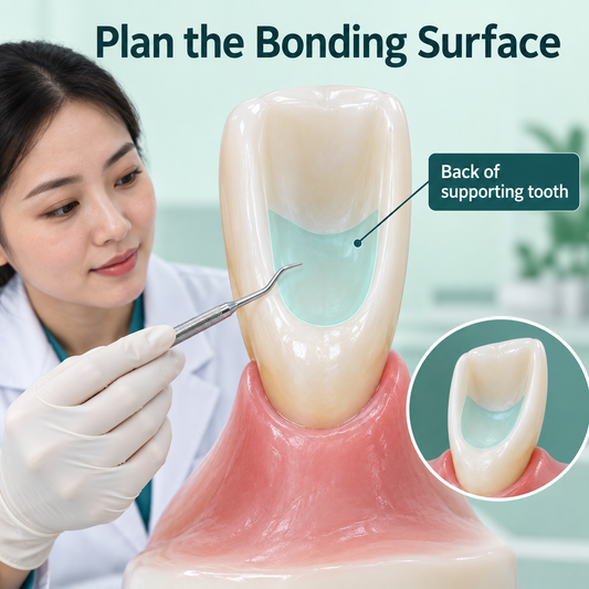 The bonding surface is on the back of the supporting tooth. Educational illustration.