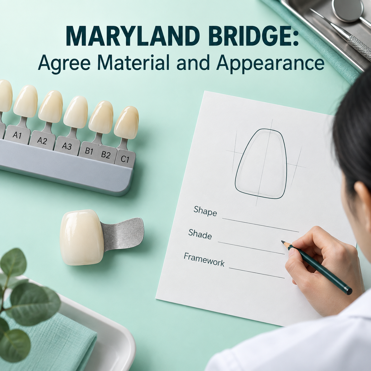 Shade, tooth shape and framework are specified individually. Educational illustration.
