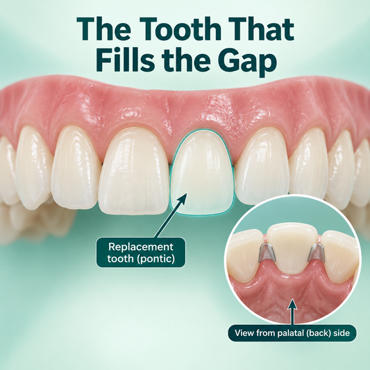 The pontic replaces the missing tooth. Educational illustration.