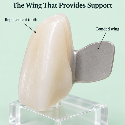 A connected wing retains the bridge on an adjacent tooth. Educational illustration.
