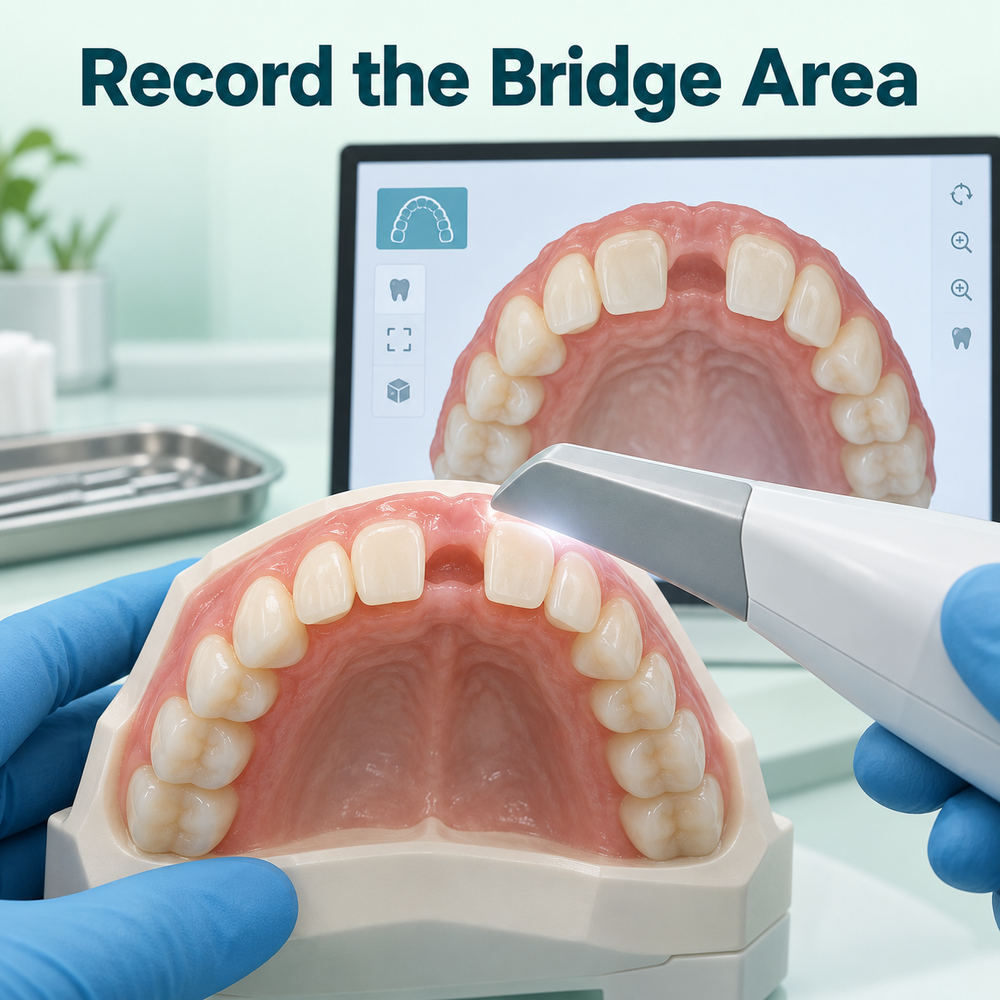 Impressions or a digital scan record the planned bridge area. Educational illustration.