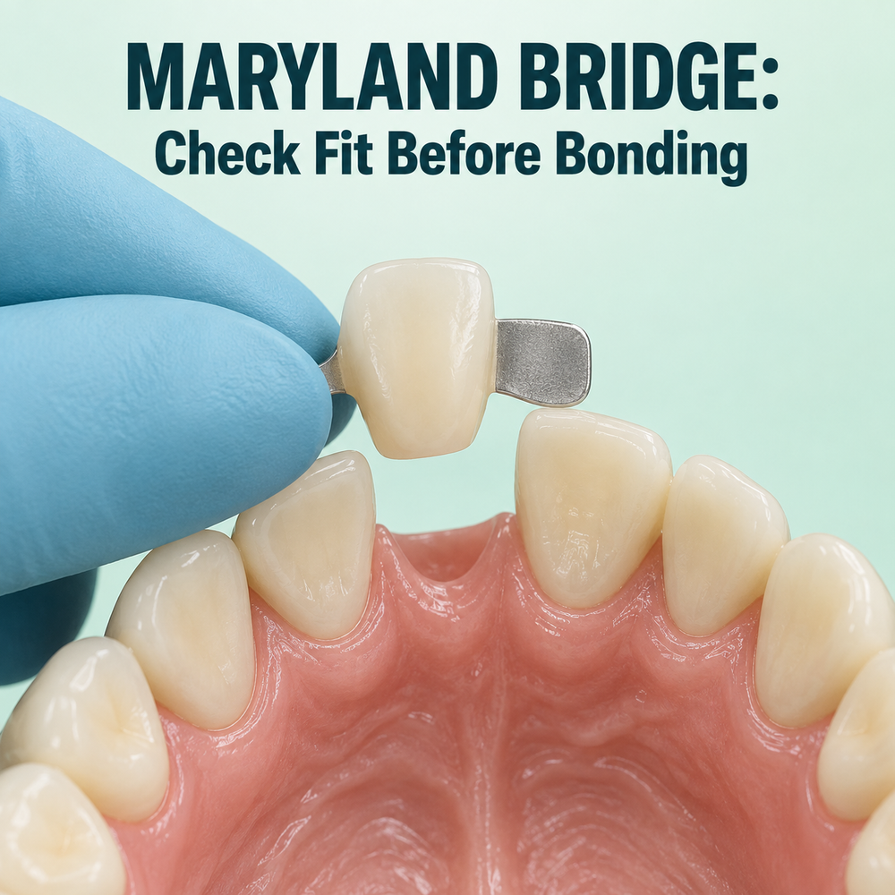 Try-in checks the pontic and retainer fit before bonding. Educational illustration.