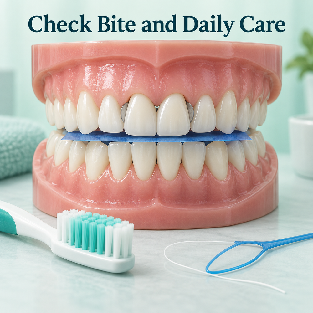 Bite and cleaning instructions are reviewed after fitting. Educational illustration.