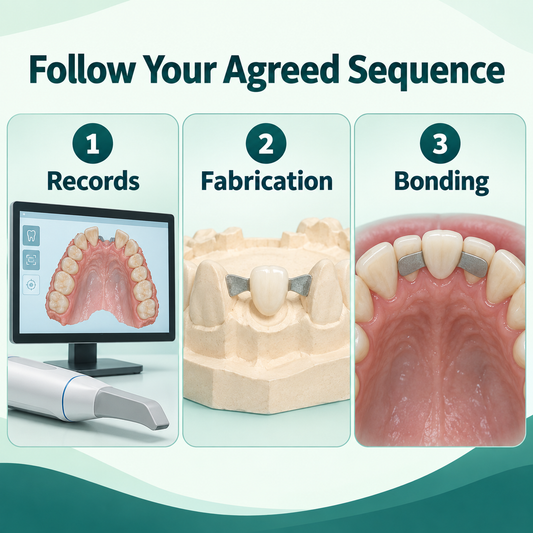 The bridge sequence connects records, fabrication and bonding. Educational illustration.
