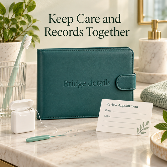 Cleaning tools and records support long-term bridge care. Educational illustration.