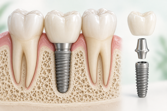 Educational illustration of an implant, abutment and crown restoration. Generic schematic, not an exact branded device.