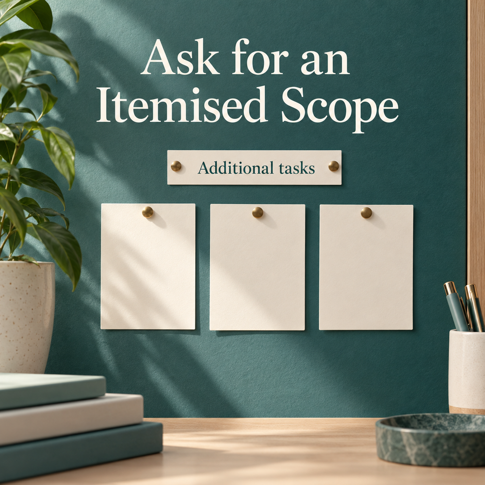 Additional tasks should be itemised. Illustrative scene.