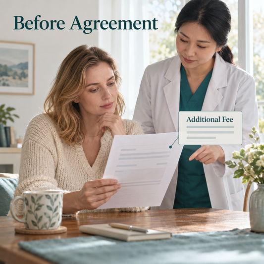 The patient reviews the quotation before agreeing. Illustrative scene.