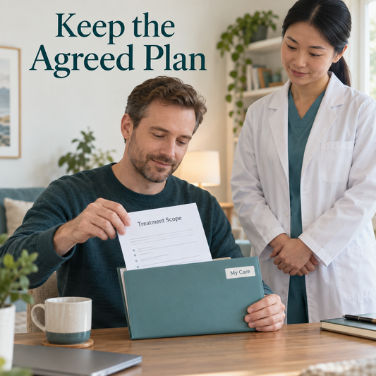 The patient keeps the agreed fee explanation. Illustrative scene.