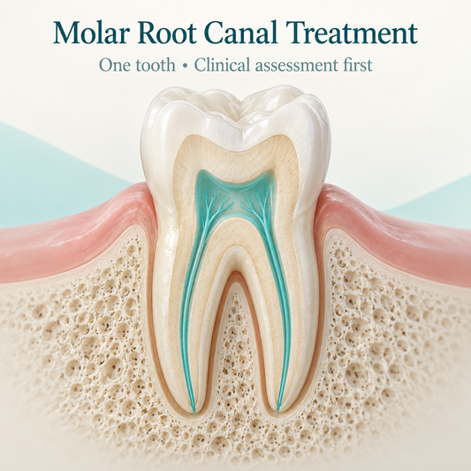 Root canal care inside a first or second molar. Educational illustration.