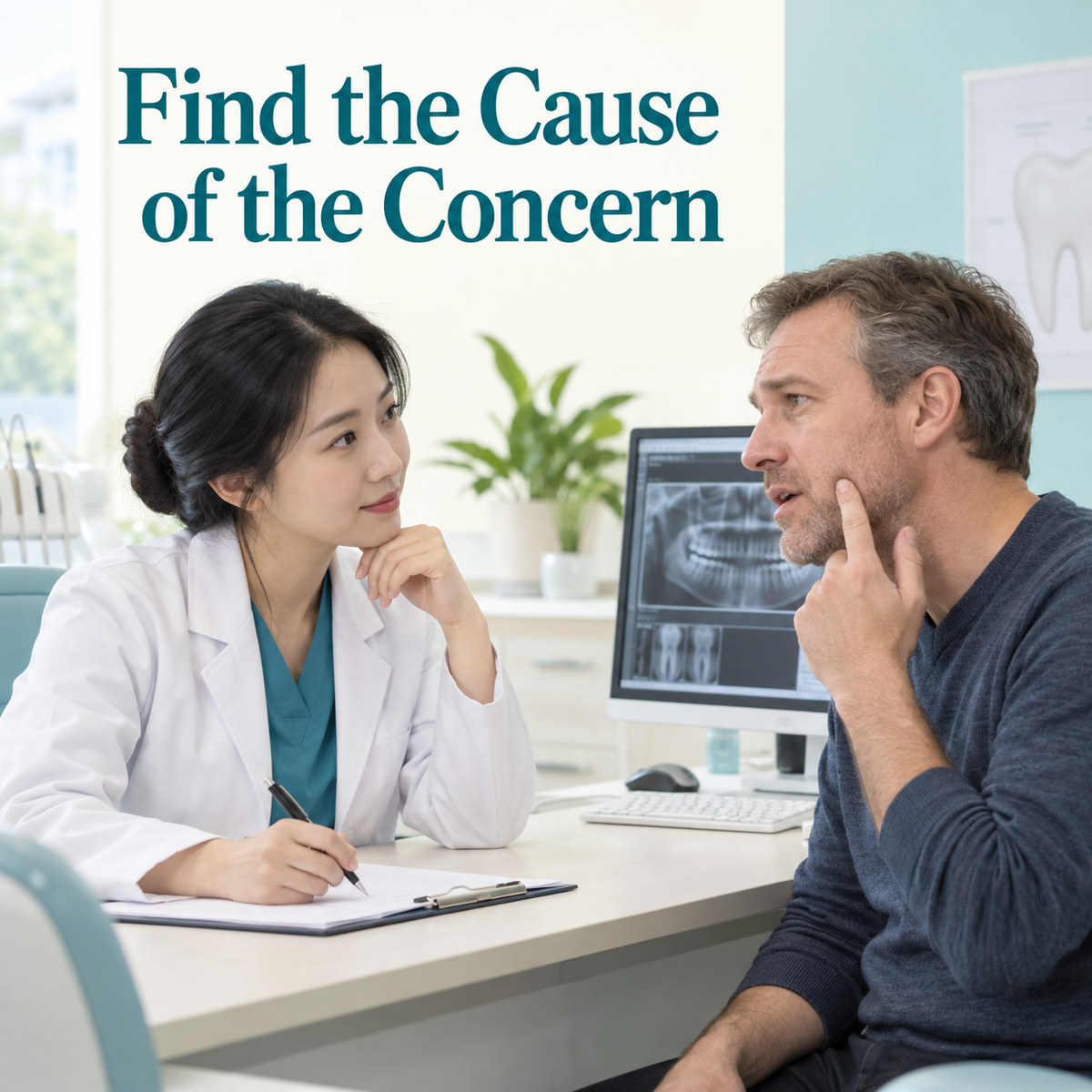 A foreign patient describes a molar concern to a Chinese dentist. Educational illustration.