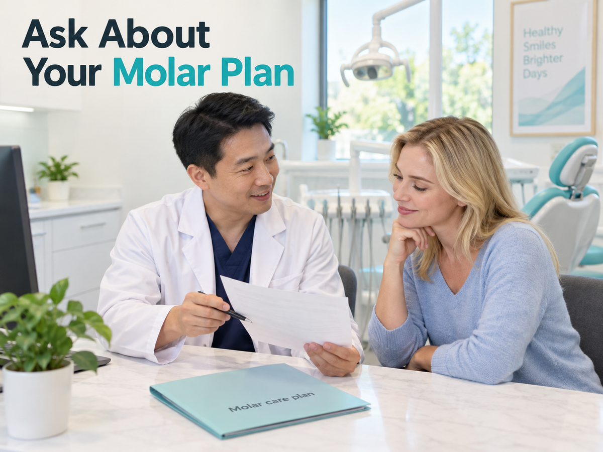 A Chinese dentist and foreign patient discuss a molar treatment plan. Educational illustration.