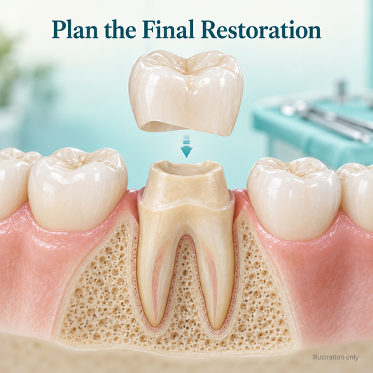 Restoration above the tooth is planned separately. Educational illustration.