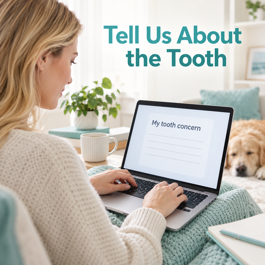 A foreign patient starts with the tooth concern and history. Educational illustration.